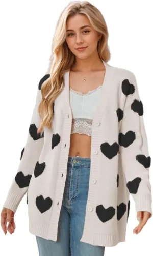 Knitted Long Cardigan Heart Pattern Valentines Sweater Coat for Women Long Sleeve Button Down Casual Loose Outerwear