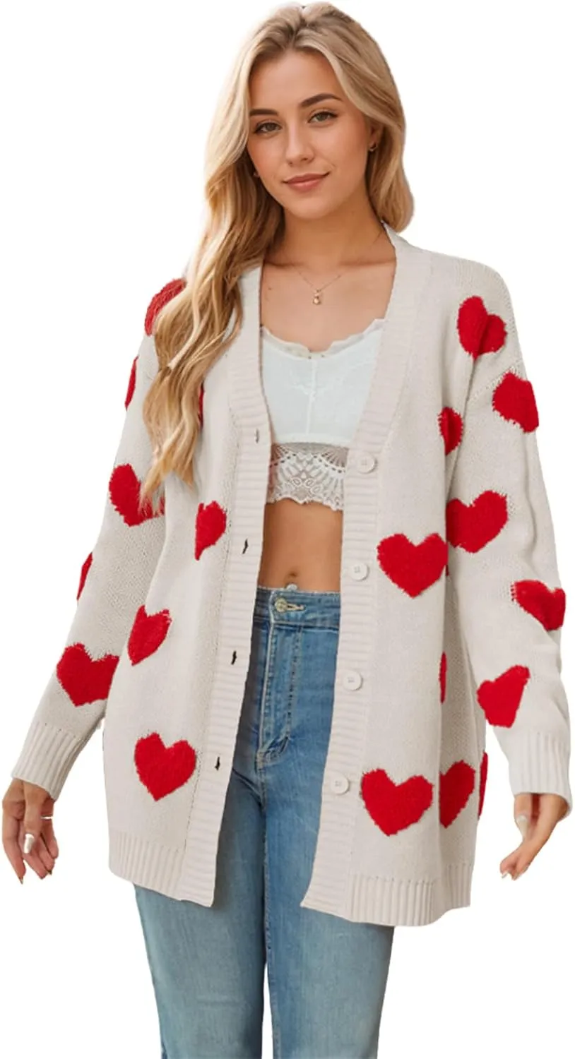 Knitted Long Cardigan Heart Pattern Valentines Sweater Coat for Women Long Sleeve Button Down Casual Loose Outerwear