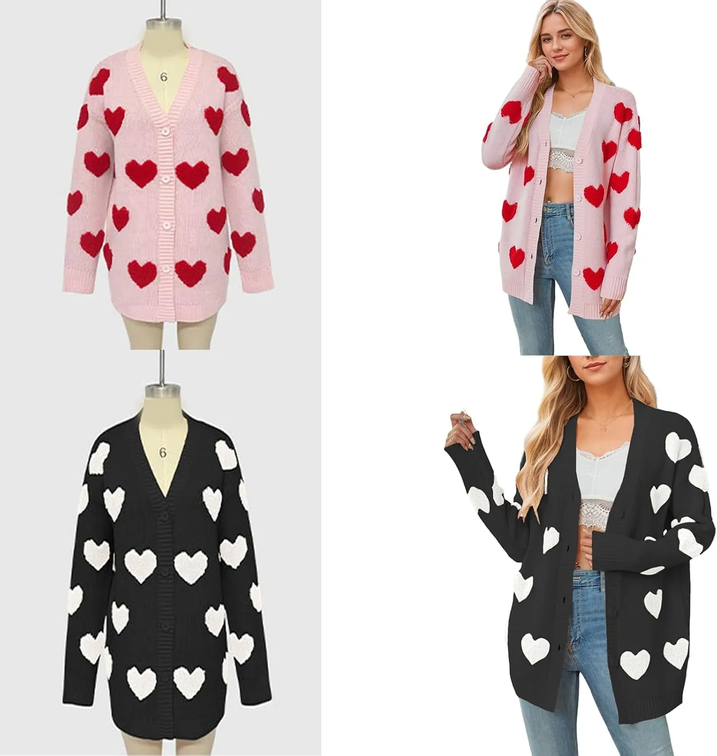 Knitted Long Cardigan Heart Pattern Valentines Sweater Coat for Women Long Sleeve Button Down Casual Loose Outerwear