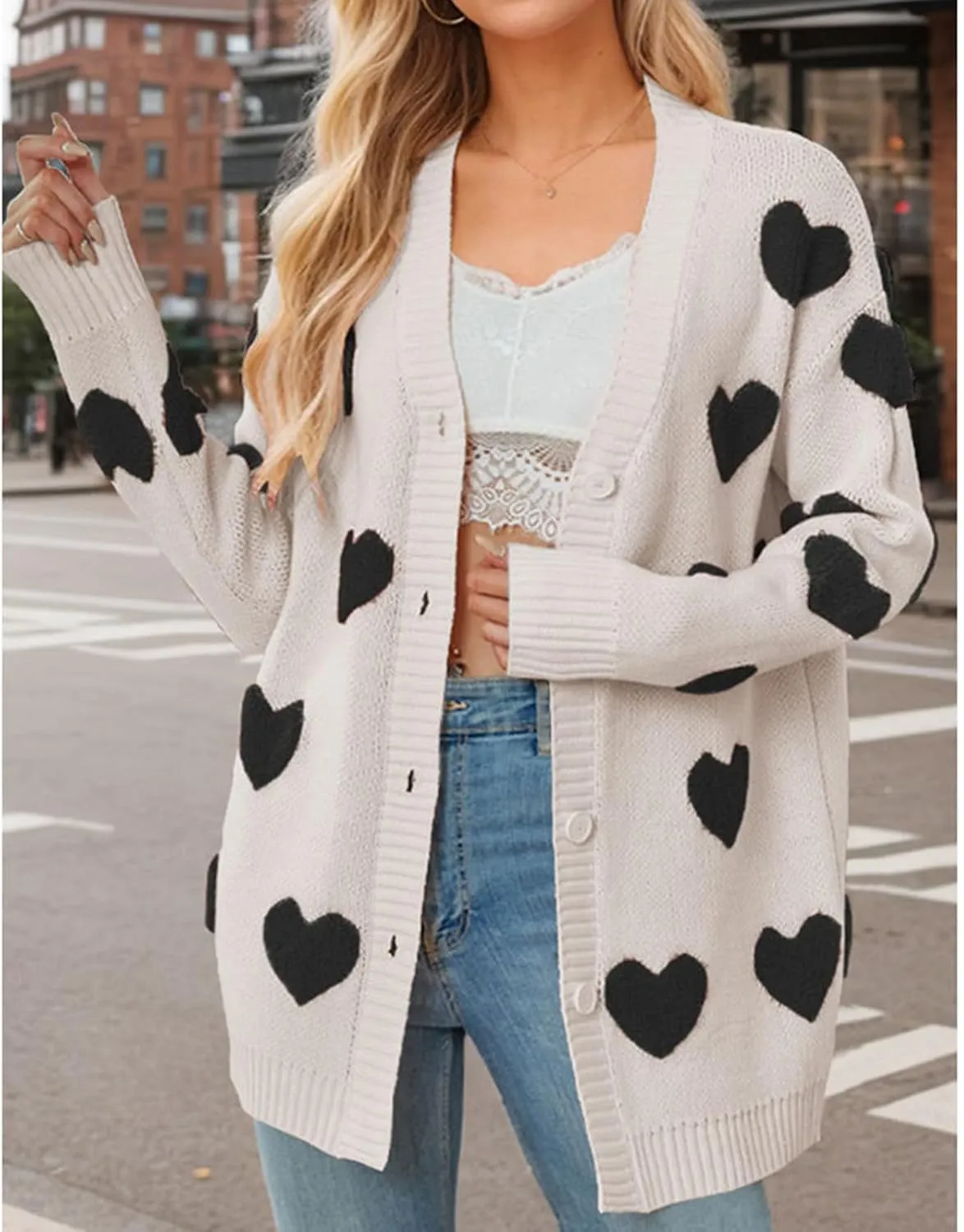 Knitted Long Cardigan Heart Pattern Valentines Sweater Coat for Women Long Sleeve Button Down Casual Loose Outerwear
