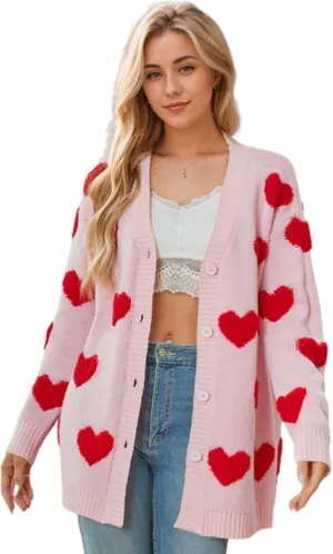 Knitted Long Cardigan Heart Pattern Valentines Sweater Coat for Women Long Sleeve Button Down Casual Loose Outerwear
