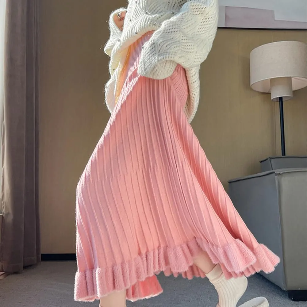 Knitted Skirt for Women Stretch High Waist Fall Winter Pleated Midi Skirt