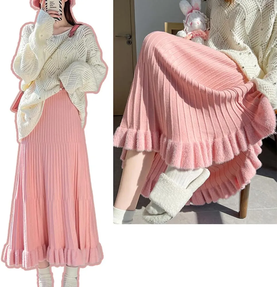 Knitted Skirt for Women Stretch High Waist Fall Winter Pleated Midi Skirt