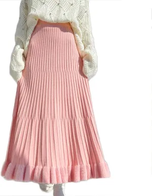 Knitted Skirt for Women Stretch High Waist Fall Winter Pleated Midi Skirt