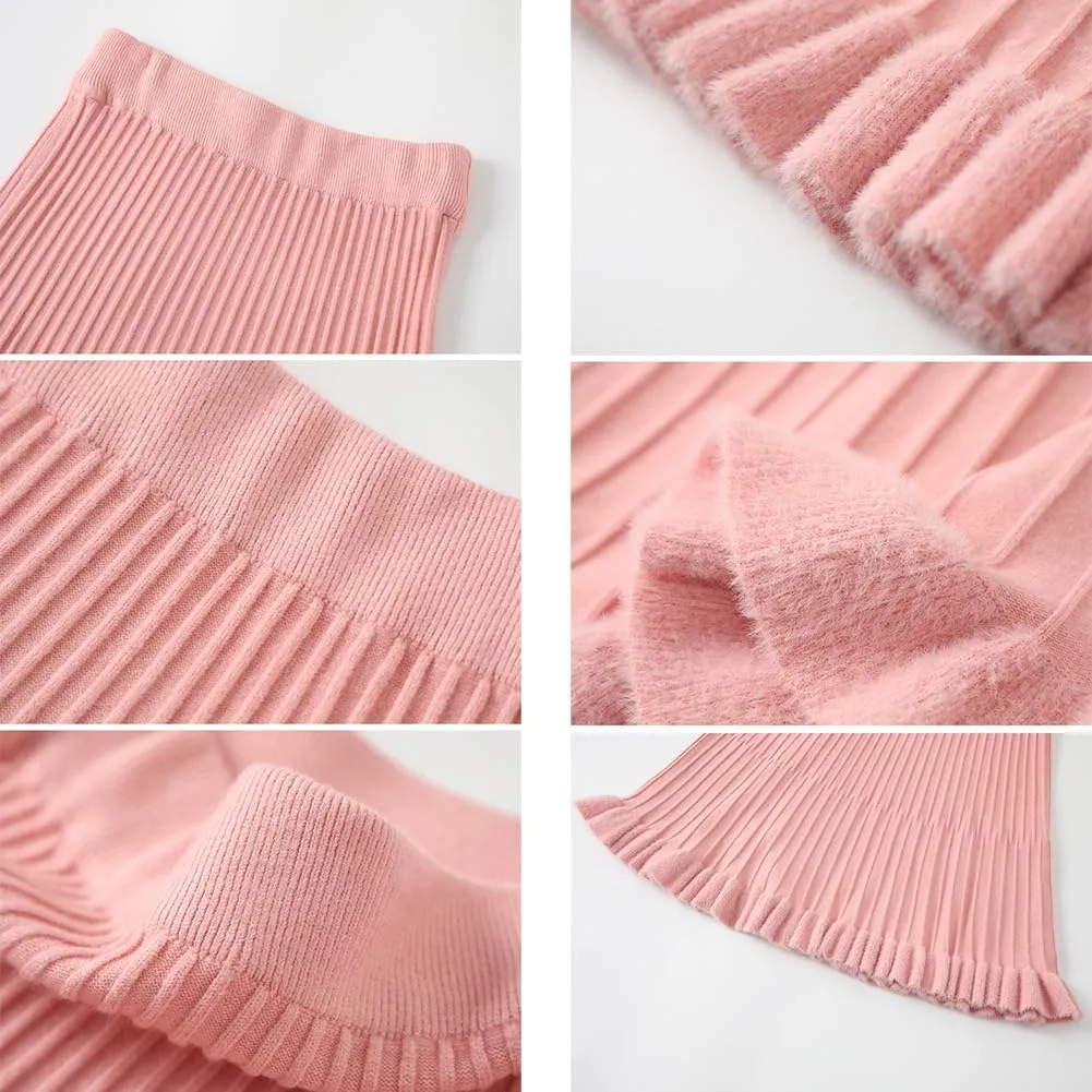 Knitted Skirt for Women Stretch High Waist Fall Winter Pleated Midi Skirt