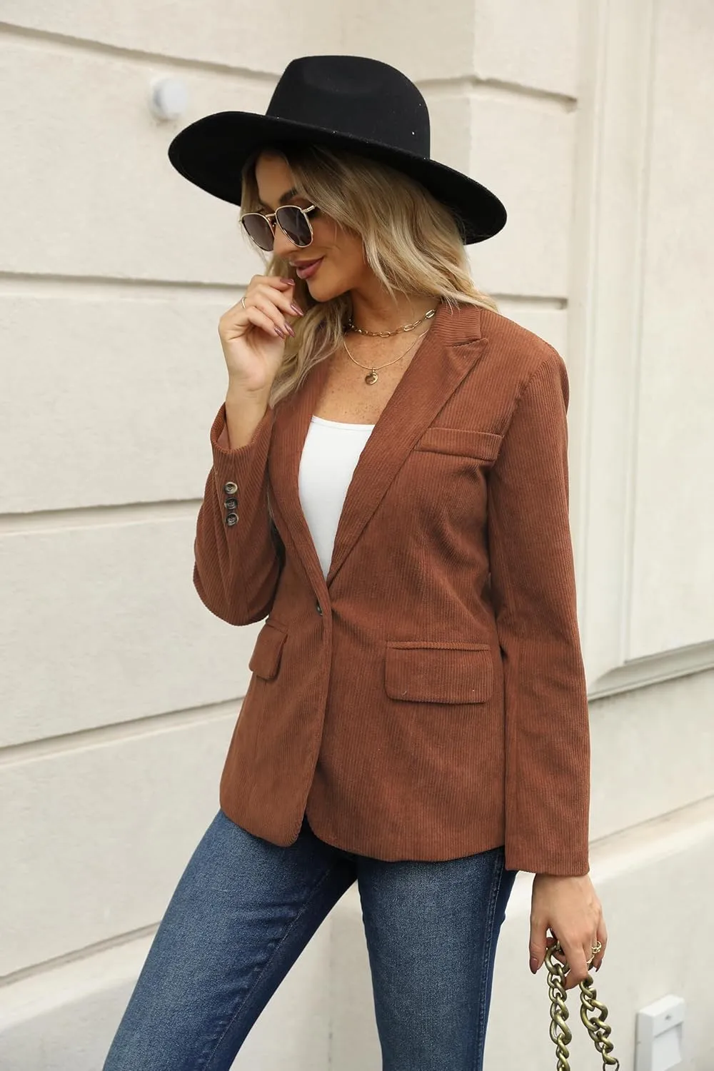 Ladyful Women's Slim Fit Corduroy Blazer Jacket Button Down Long Sleeve Work Office Coat Outerwear