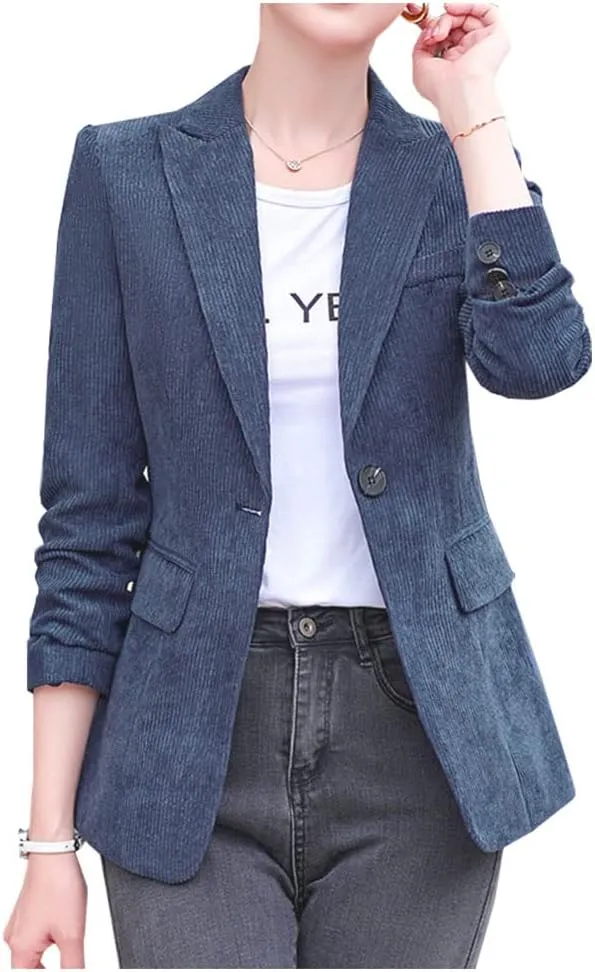 Ladyful Women's Slim Fit Corduroy Blazer Jacket Button Down Long Sleeve Work Office Coat Outerwear