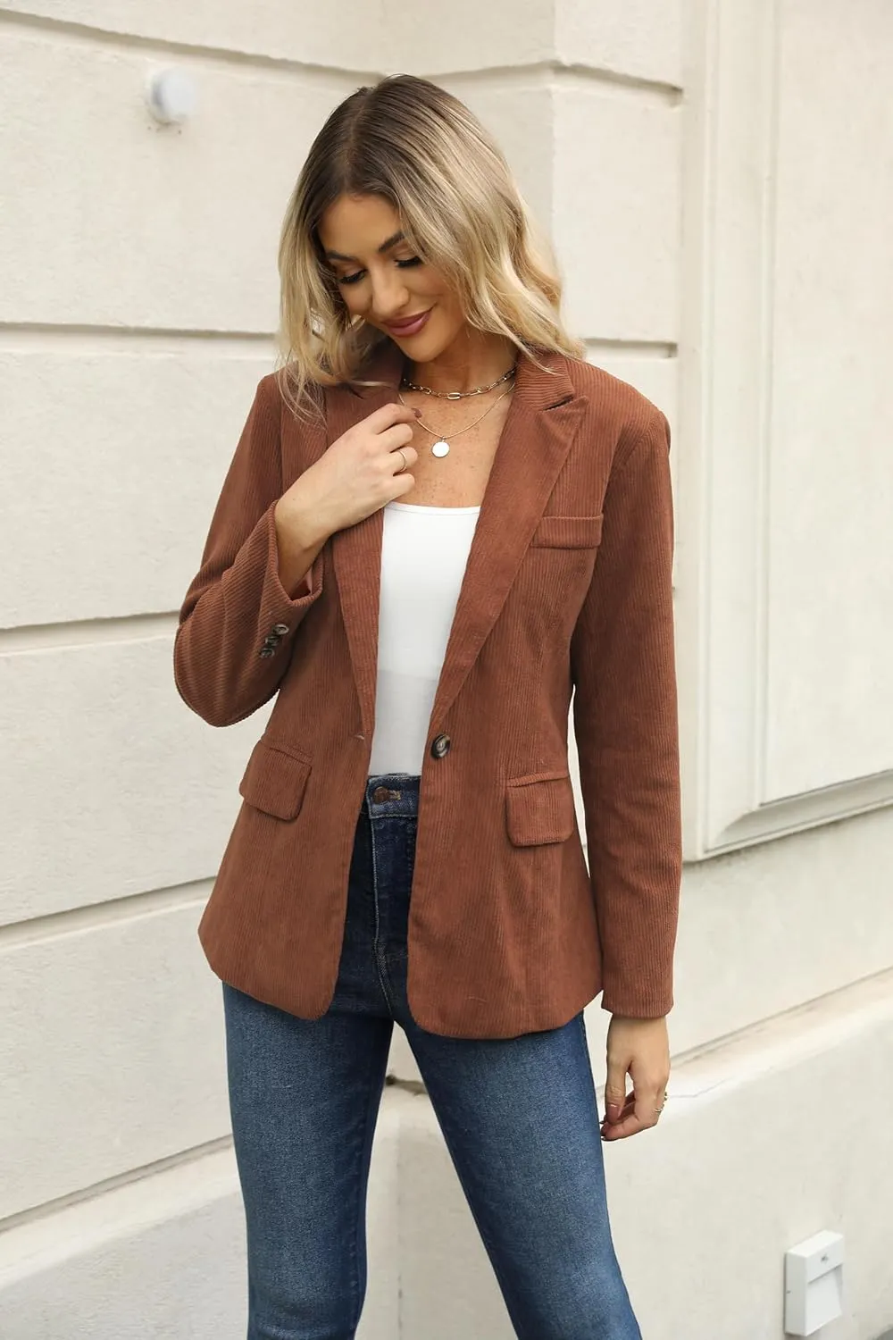 Ladyful Women's Slim Fit Corduroy Blazer Jacket Button Down Long Sleeve Work Office Coat Outerwear