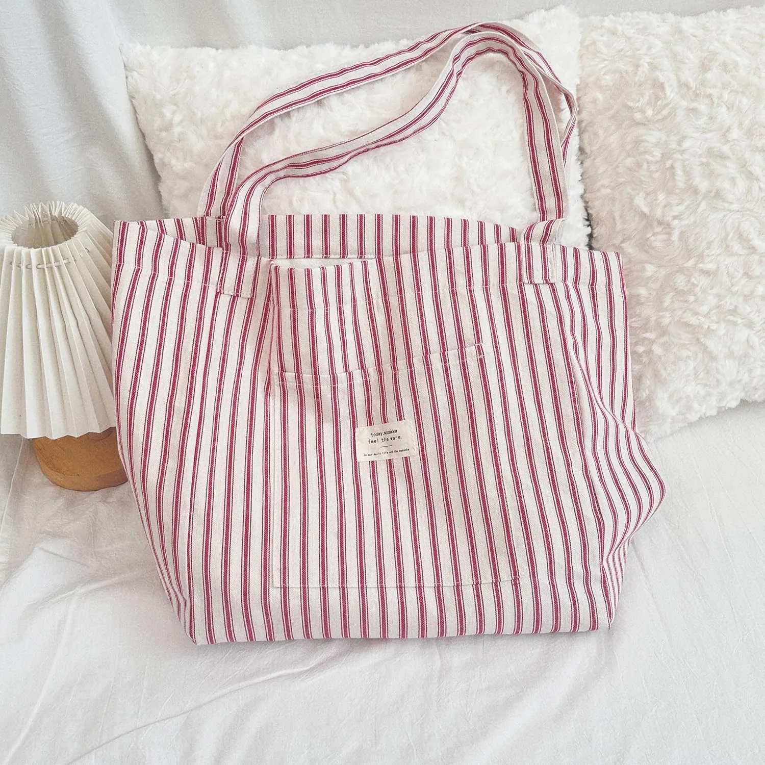 Large Capacity Stripe Tote Bag Versatile Canvas Shopping Bag for Work Travel and Daily Use with Inner-pocket