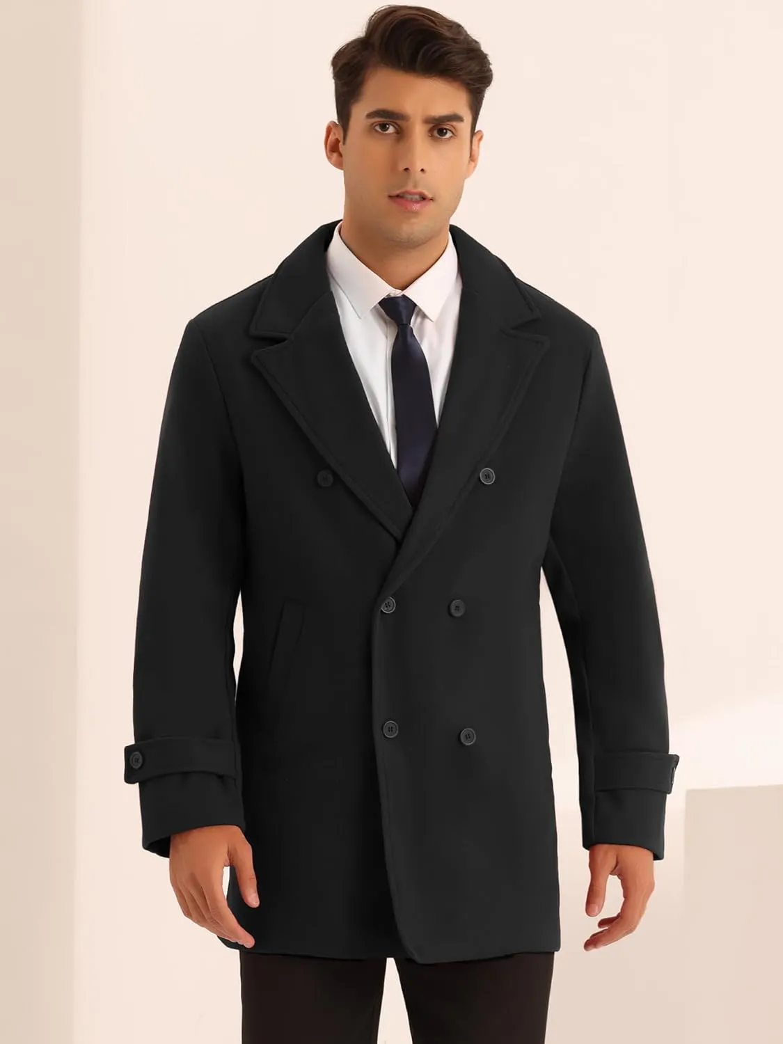 Lars Amadeus Formal Overcoat for Men's Notched Lapel Solid Color Double Breasted Trench Coat