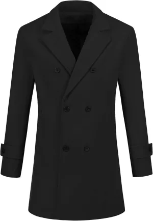 Lars Amadeus Formal Overcoat for Men's Notched Lapel Solid Color Double Breasted Trench Coat