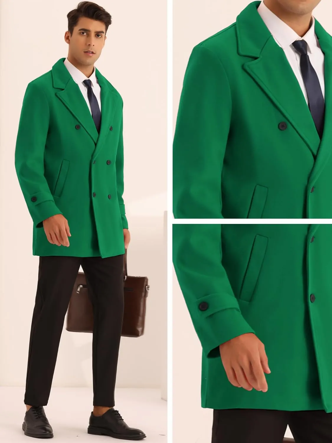 Lars Amadeus Formal Overcoat for Men's Notched Lapel Solid Color Double Breasted Trench Coat
