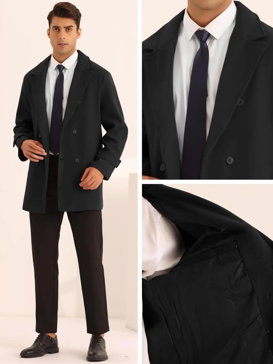 Lars Amadeus Formal Overcoat for Men's Notched Lapel Solid Color Double Breasted Trench Coat