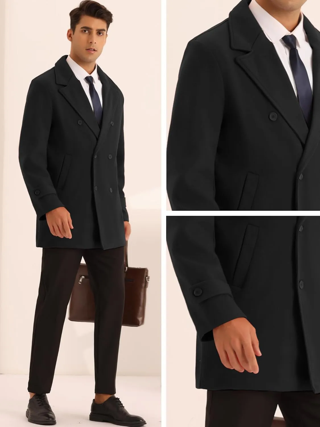 Lars Amadeus Formal Overcoat for Men's Notched Lapel Solid Color Double Breasted Trench Coat