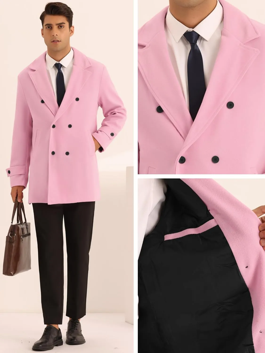 Lars Amadeus Formal Overcoat for Men's Notched Lapel Solid Color Double Breasted Trench Coat