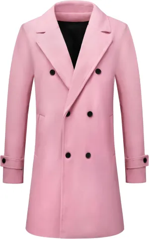 Lars Amadeus Formal Overcoat for Men's Notched Lapel Solid Color Double Breasted Trench Coat