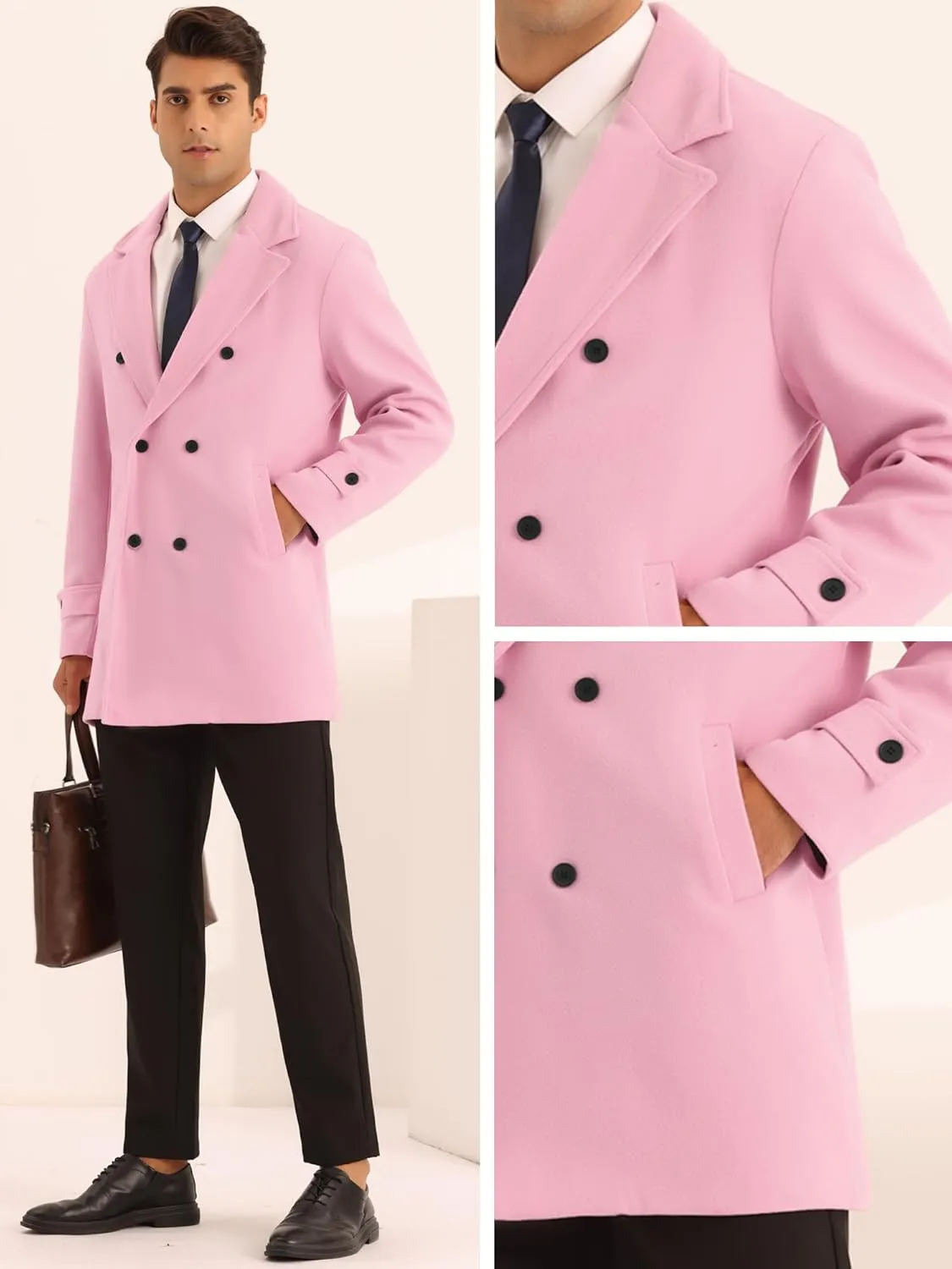 Lars Amadeus Formal Overcoat for Men's Notched Lapel Solid Color Double Breasted Trench Coat