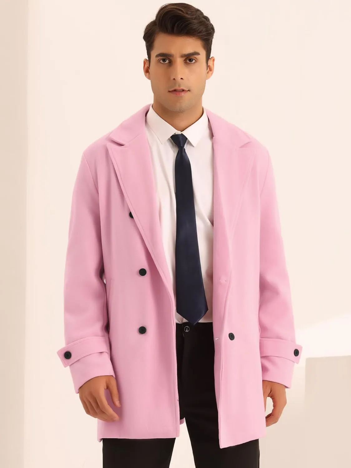 Lars Amadeus Formal Overcoat for Men's Notched Lapel Solid Color Double Breasted Trench Coat