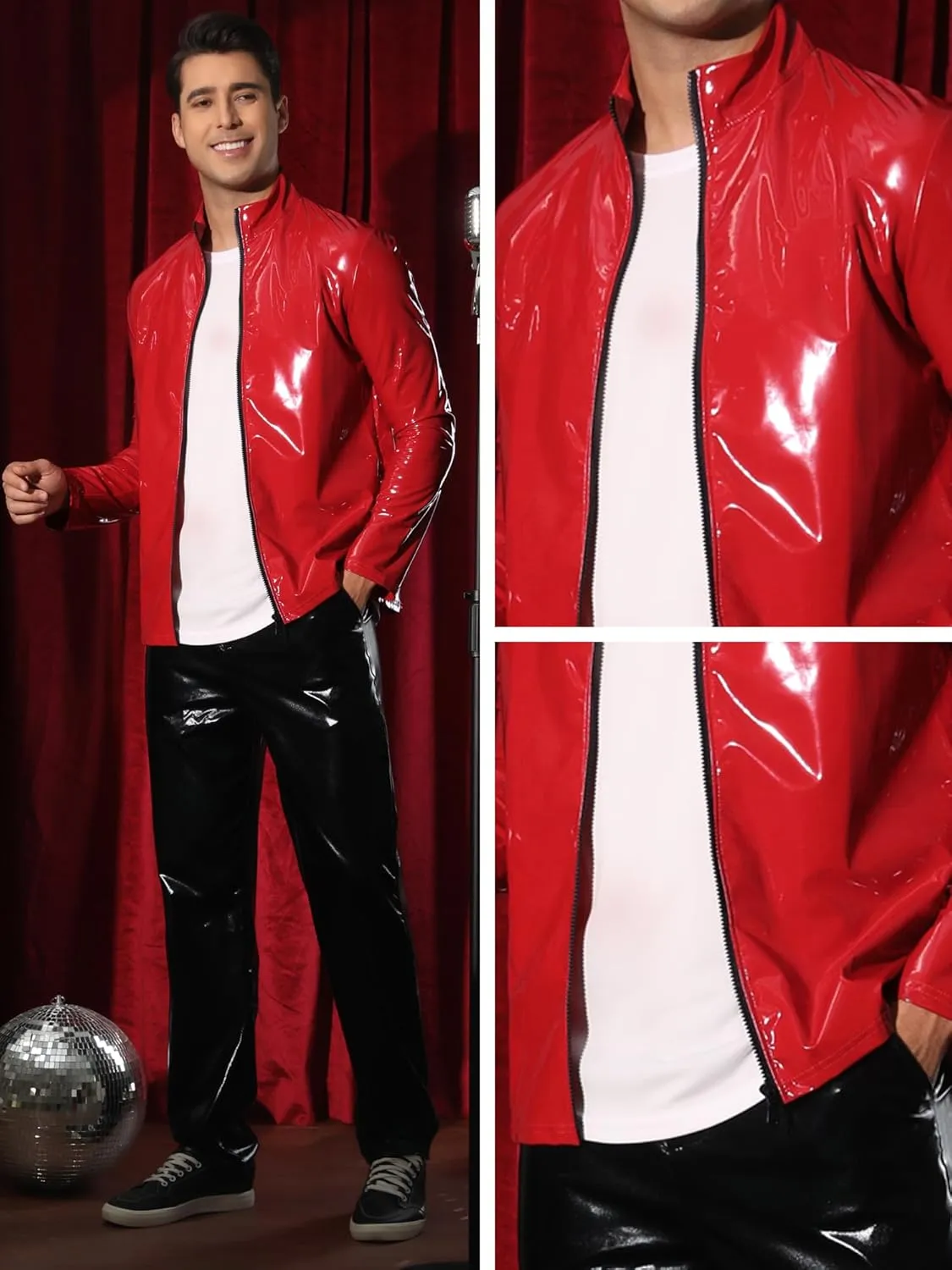 Lars Amadeus Metallic Jackets for Men's Shiny Party Nightclub Zipper Outwear PU Jacket