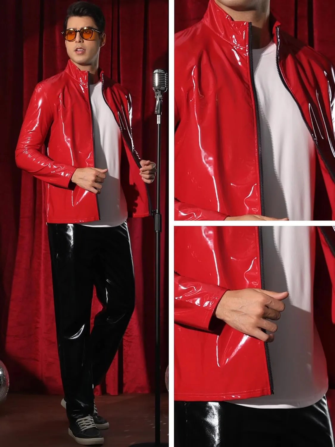 Lars Amadeus Metallic Jackets for Men's Shiny Party Nightclub Zipper Outwear PU Jacket