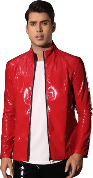 Lars Amadeus Metallic Jackets for Men's Shiny Party Nightclub Zipper Outwear PU Jacket