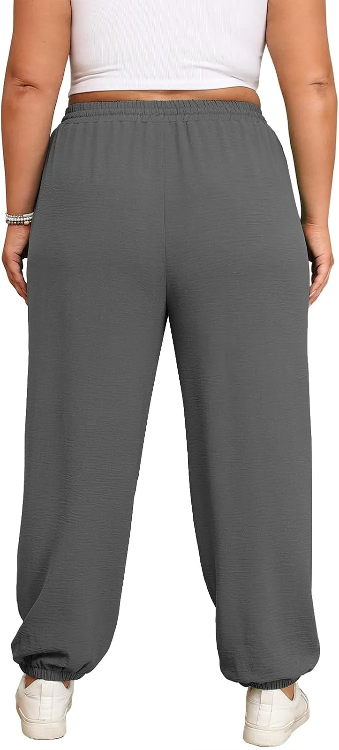 Lastshe Womens Plus Size Casual Pants High Waisted Adjustable Drawstring Summer Jogger Pants Lounge Trousers with Pockets