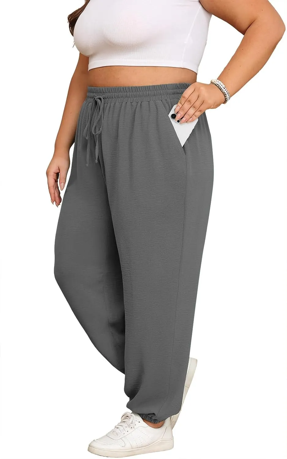 Lastshe Womens Plus Size Casual Pants High Waisted Adjustable Drawstring Summer Jogger Pants Lounge Trousers with Pockets