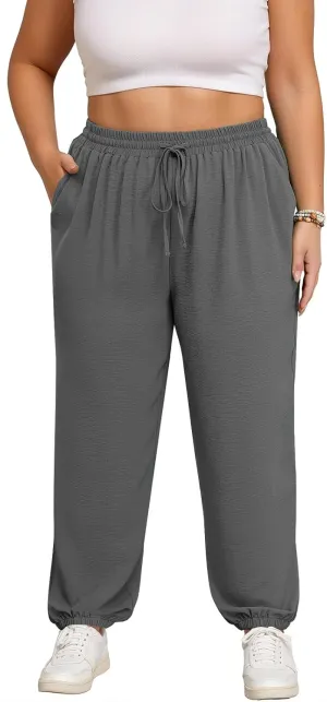 Lastshe Womens Plus Size Casual Pants High Waisted Adjustable Drawstring Summer Jogger Pants Lounge Trousers with Pockets