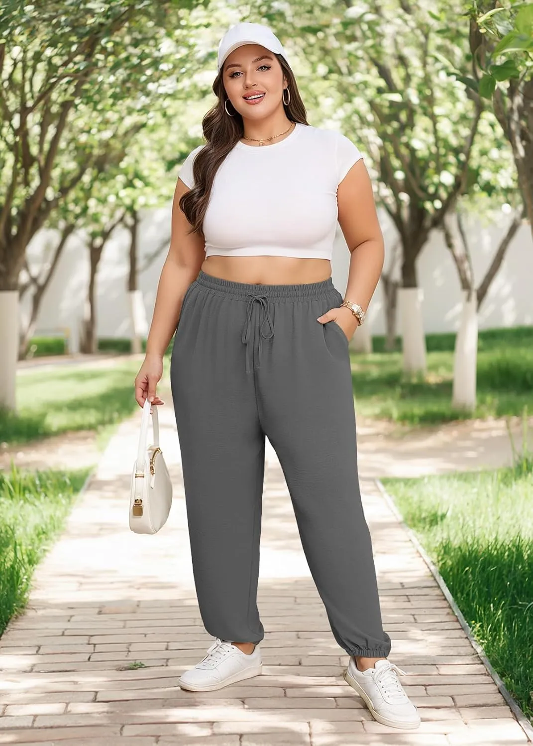 Lastshe Womens Plus Size Casual Pants High Waisted Adjustable Drawstring Summer Jogger Pants Lounge Trousers with Pockets
