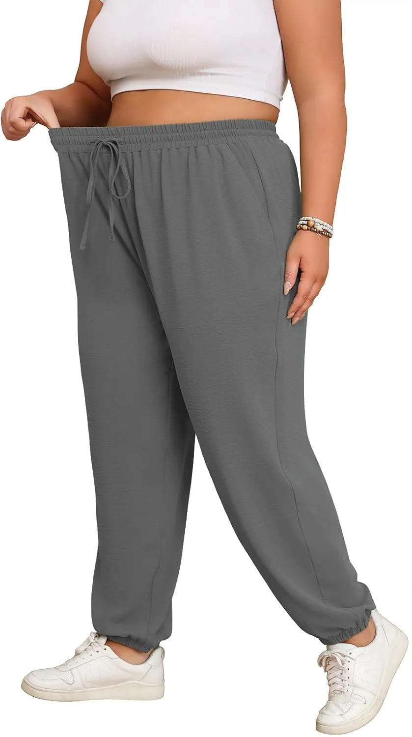 Lastshe Womens Plus Size Casual Pants High Waisted Adjustable Drawstring Summer Jogger Pants Lounge Trousers with Pockets