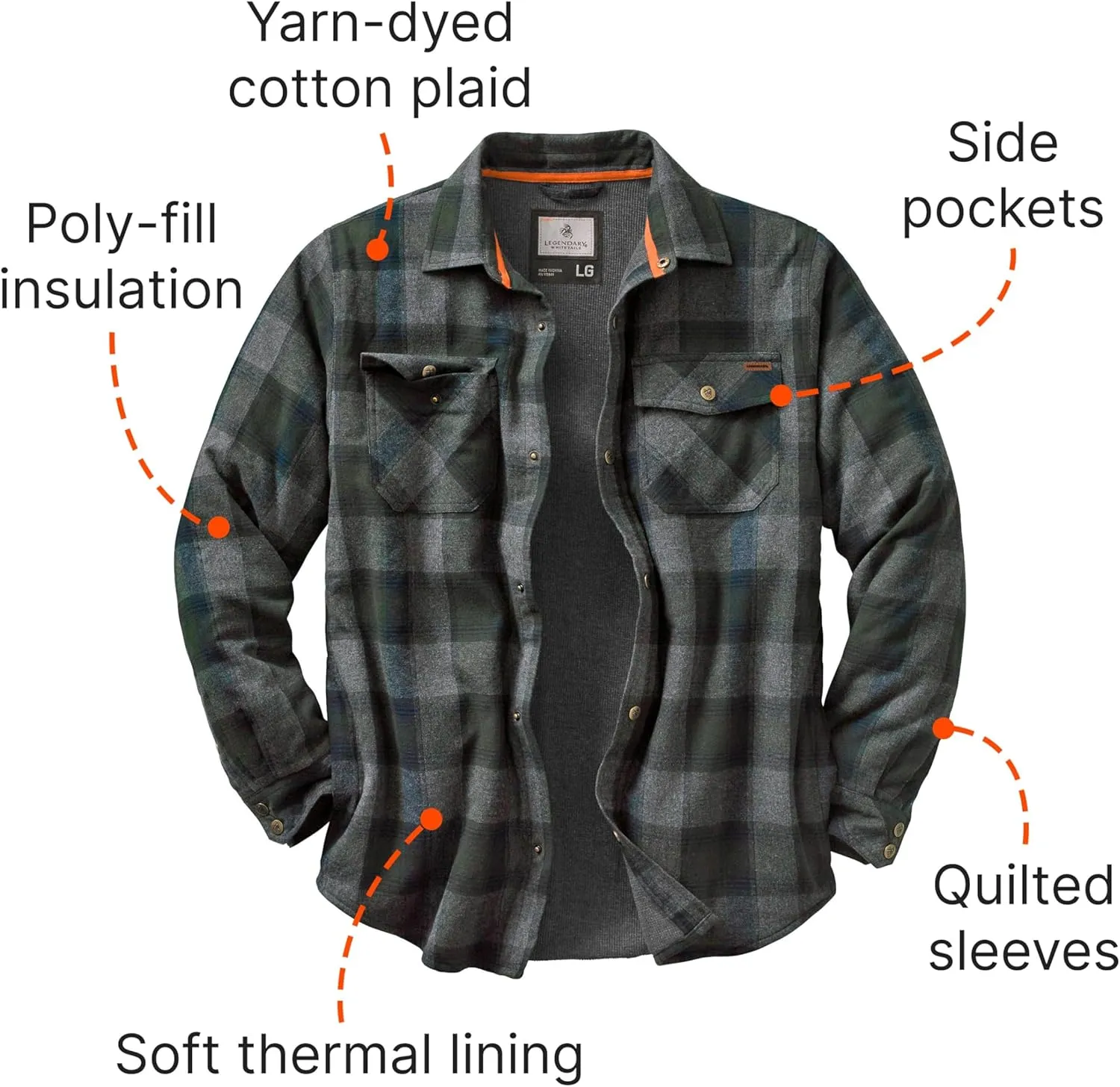 Legendary Whitetails Archer Flannel Thermal Lined Shirt Jacket for Men, Quilted Insulated Plaid Work Outerwear Coat