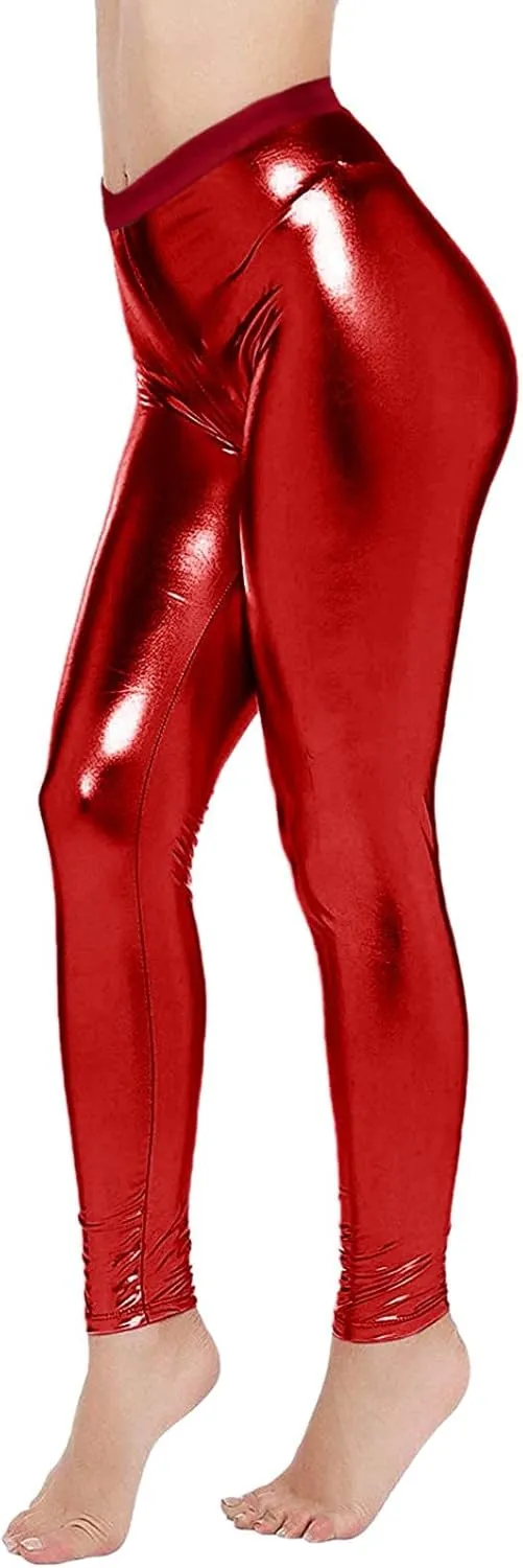 Leggings for Women Sexy Shiny Faux Leather Wet Look Metallic High Waist Pants Trousers Clubwear Pure Color Stretch