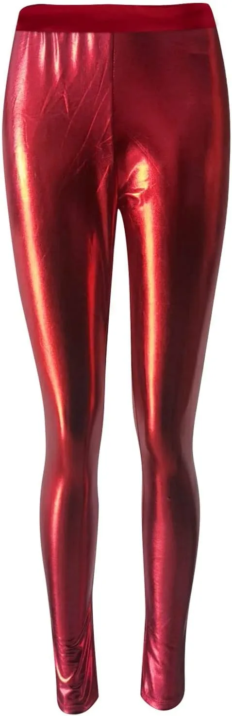 Leggings for Women Sexy Shiny Faux Leather Wet Look Metallic High Waist Pants Trousers Clubwear Pure Color Stretch