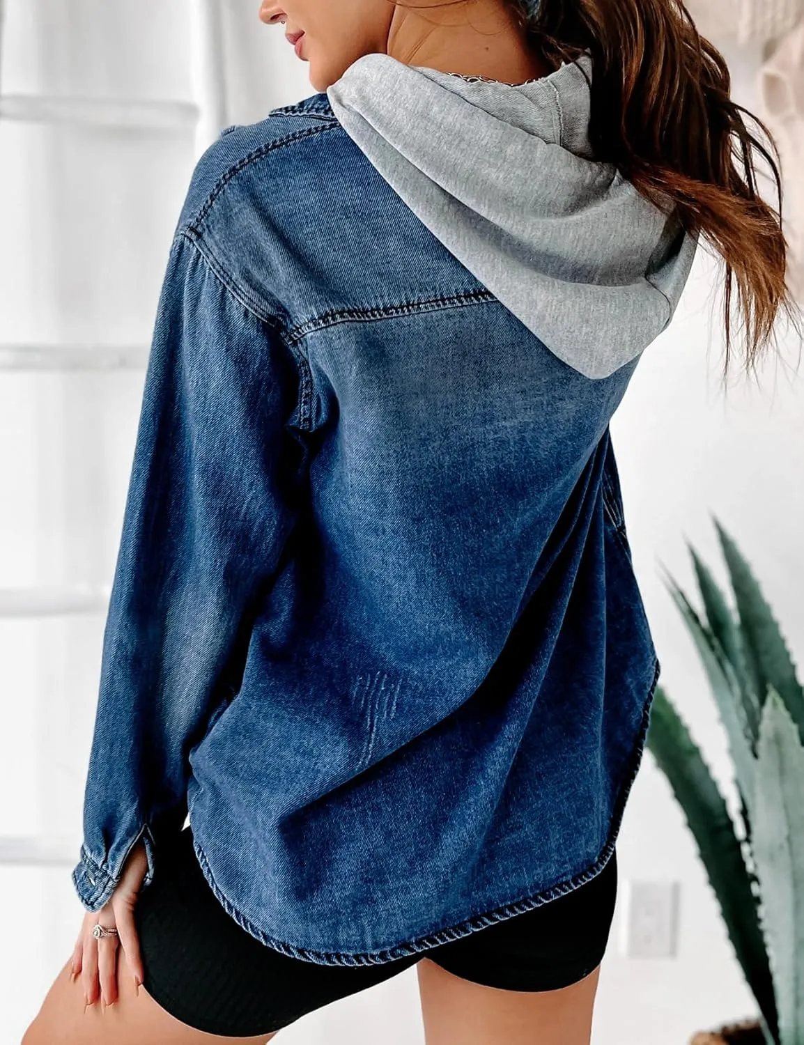 LifeShe Women's Hooded Zip Up Denim Jacket Shacket Oversized Jean Jackets Shirt With Hoodie