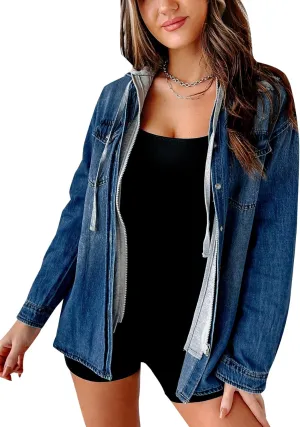 LifeShe Women's Hooded Zip Up Denim Jacket Shacket Oversized Jean Jackets Shirt With Hoodie