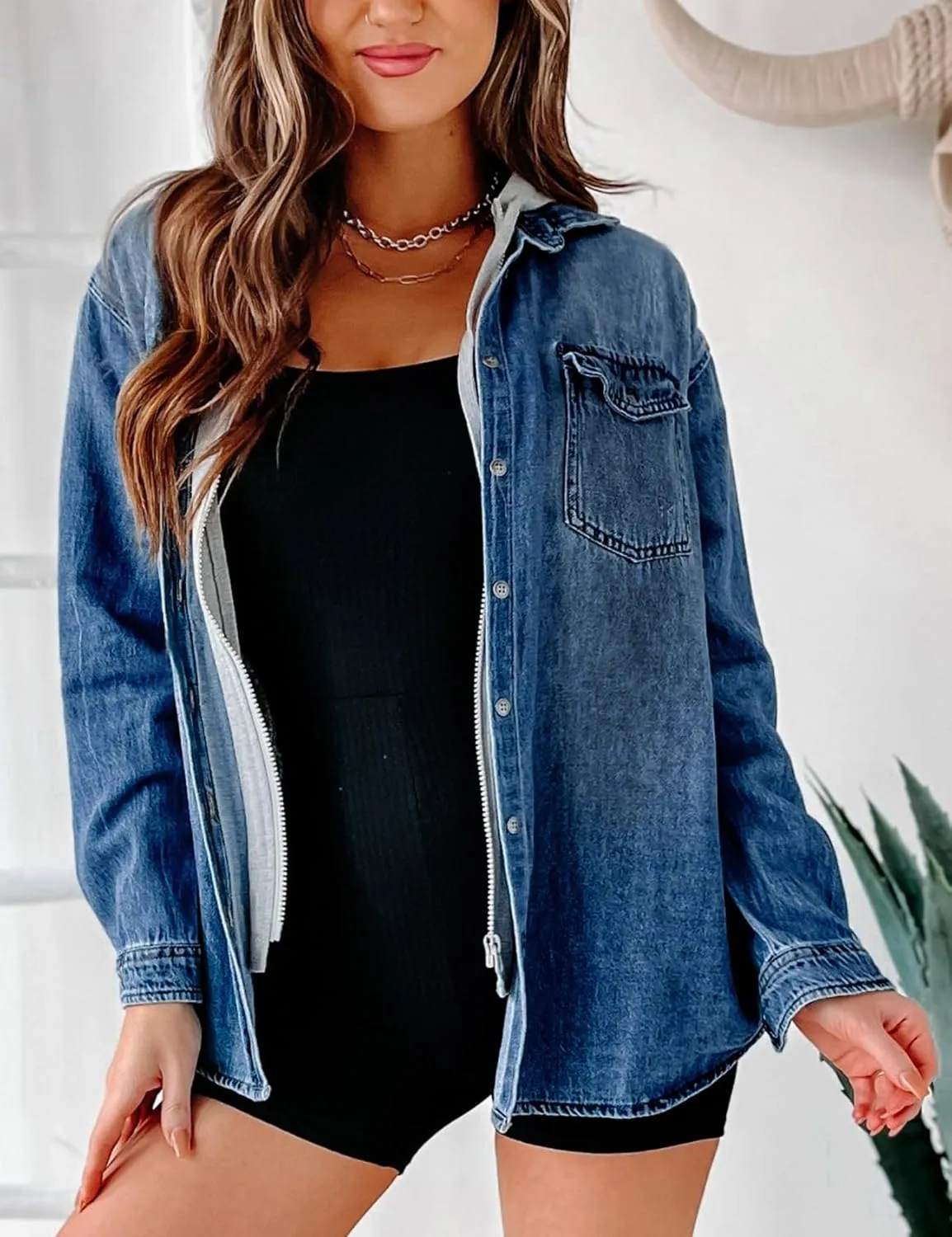 LifeShe Women's Hooded Zip Up Denim Jacket Shacket Oversized Jean Jackets Shirt With Hoodie