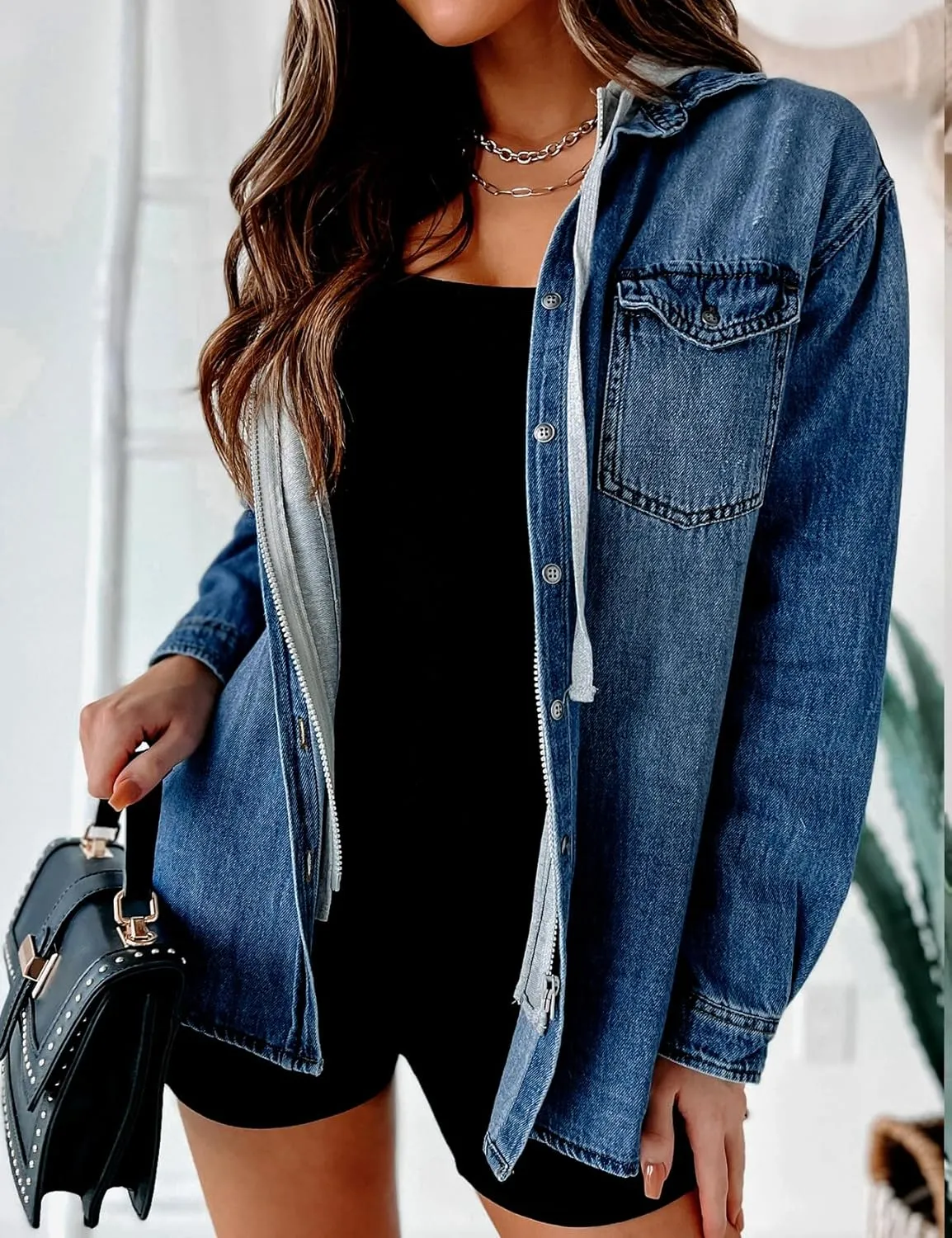 LifeShe Women's Hooded Zip Up Denim Jacket Shacket Oversized Jean Jackets Shirt With Hoodie