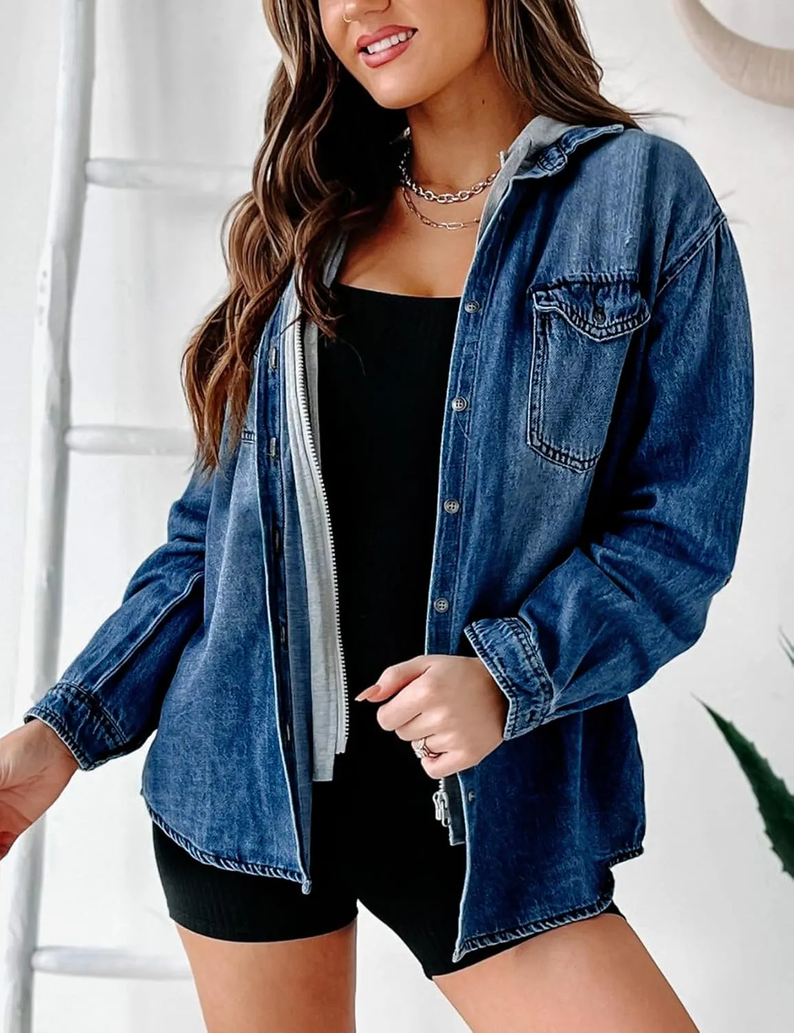 LifeShe Women's Hooded Zip Up Denim Jacket Shacket Oversized Jean Jackets Shirt With Hoodie