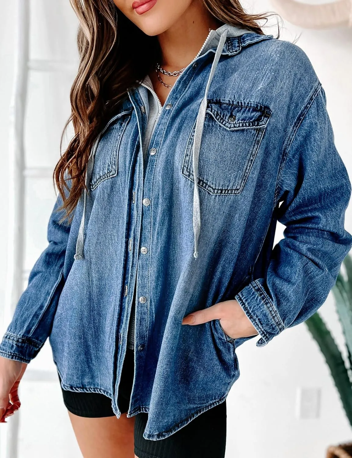 LifeShe Women's Hooded Zip Up Denim Jacket Shacket Oversized Jean Jackets Shirt With Hoodie