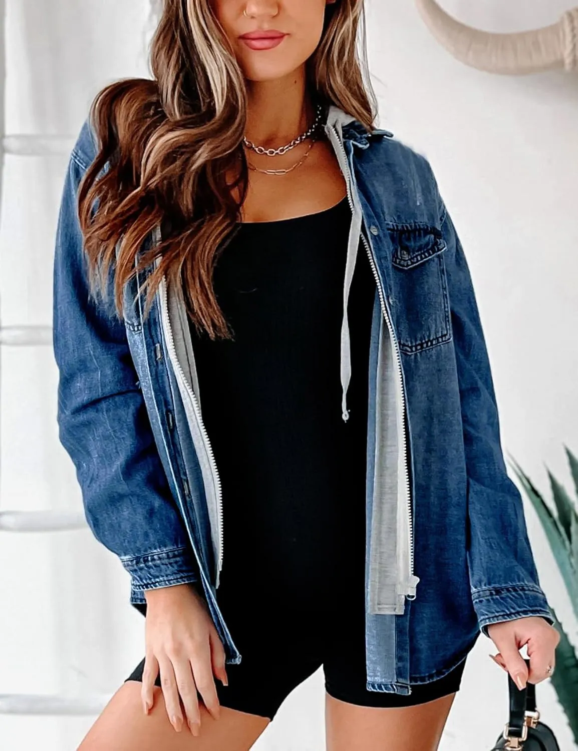 LifeShe Women's Hooded Zip Up Denim Jacket Shacket Oversized Jean Jackets Shirt With Hoodie