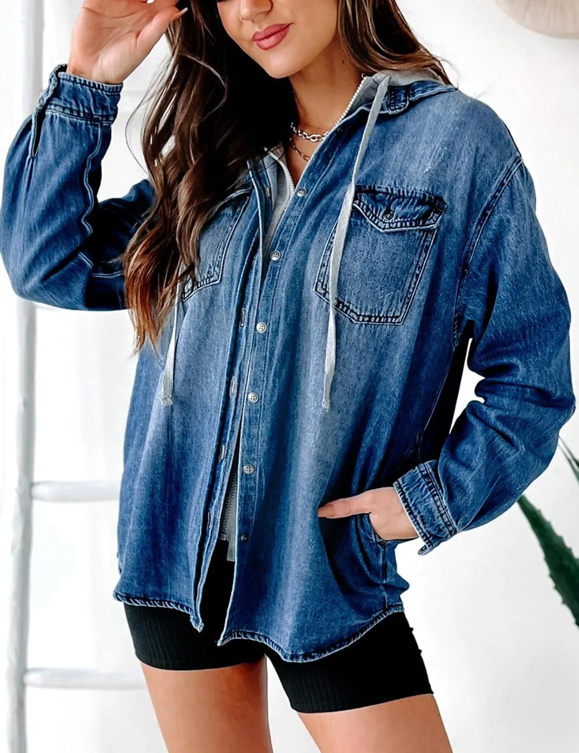 LifeShe Women's Hooded Zip Up Denim Jacket Shacket Oversized Jean Jackets Shirt With Hoodie