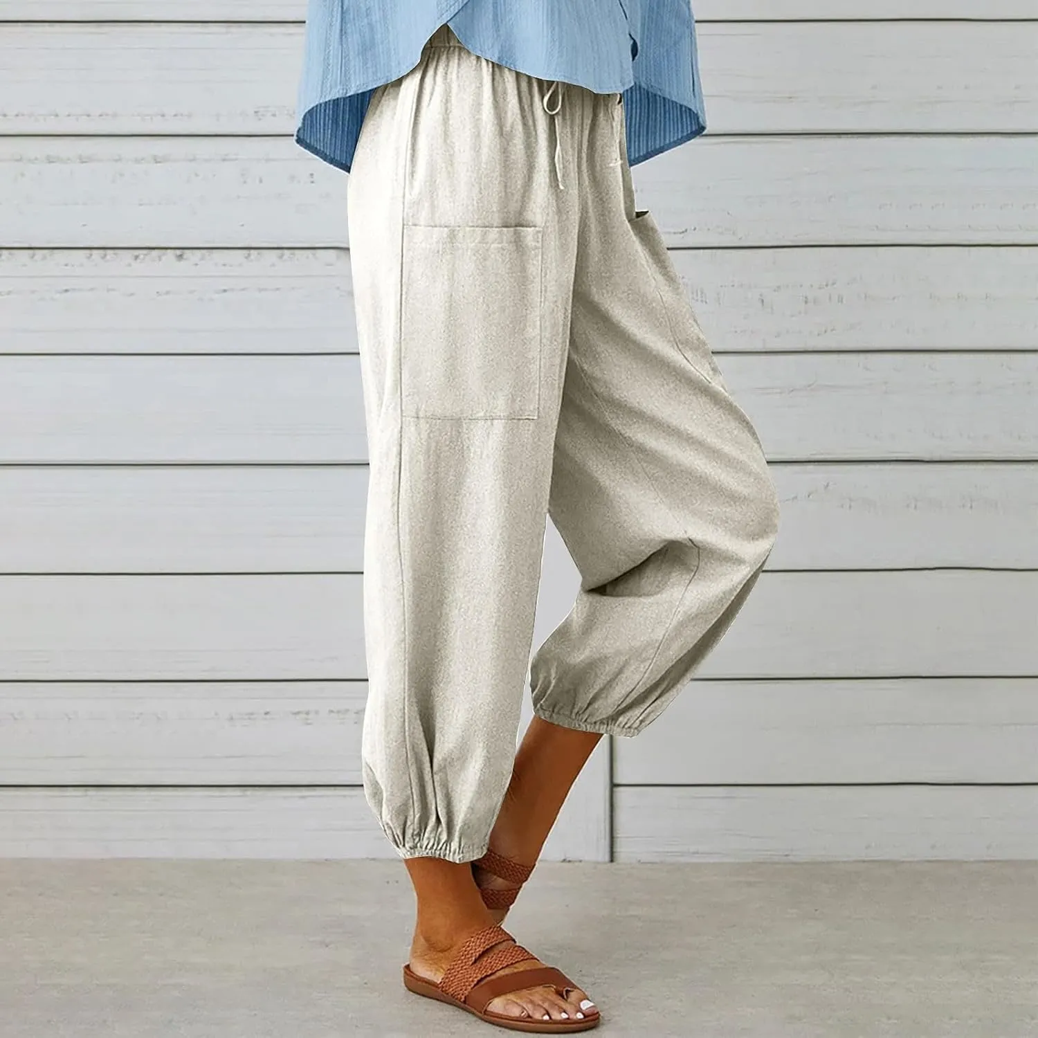 Linen Pants for Women High Waist Drawstring Palazzo Pants Summer Casual Tapered Lounge Trousers Boho Beach Outfits