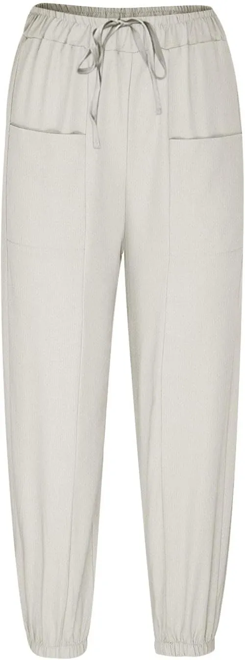 Linen Pants for Women High Waist Drawstring Palazzo Pants Summer Casual Tapered Lounge Trousers Boho Beach Outfits