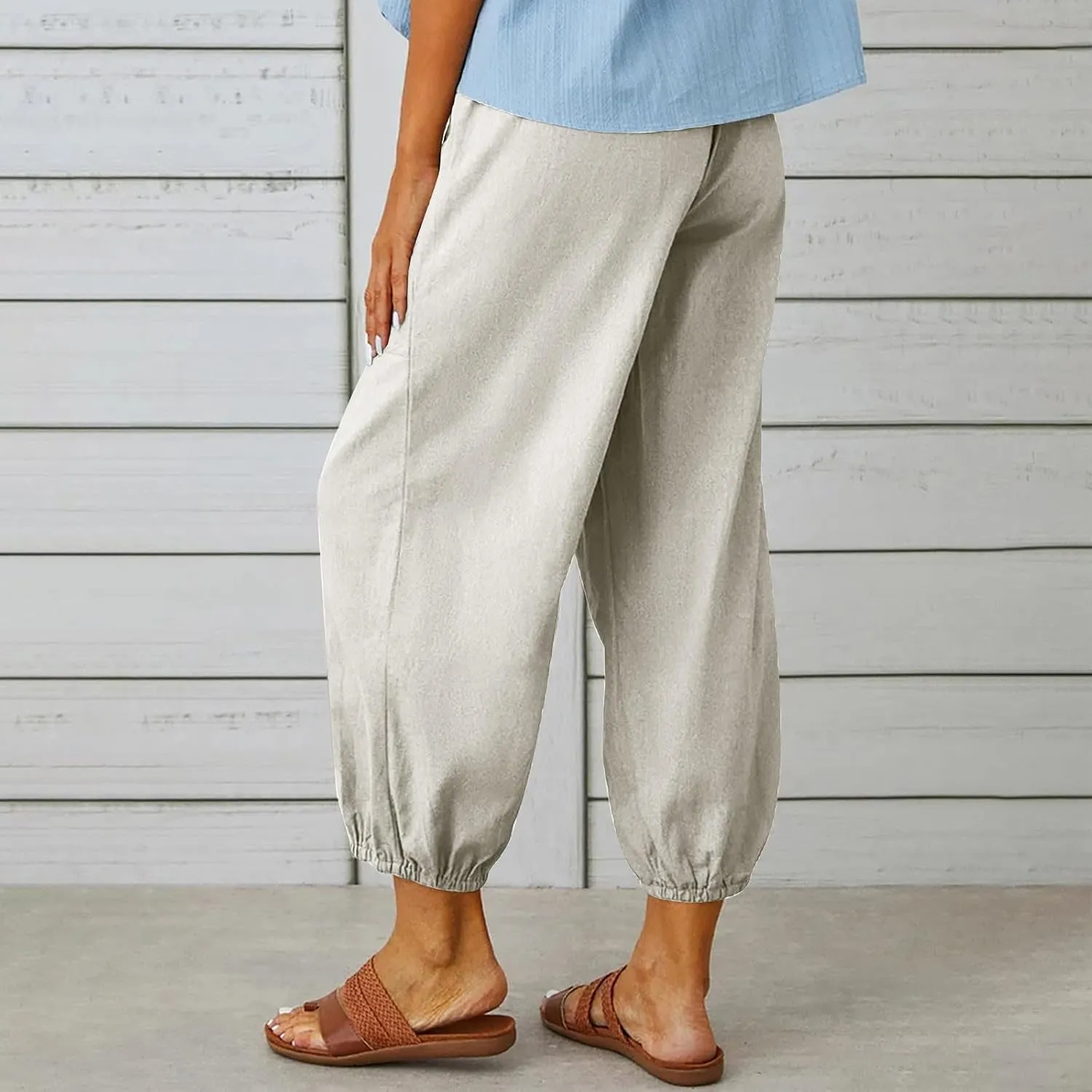 Linen Pants for Women High Waist Drawstring Palazzo Pants Summer Casual Tapered Lounge Trousers Boho Beach Outfits