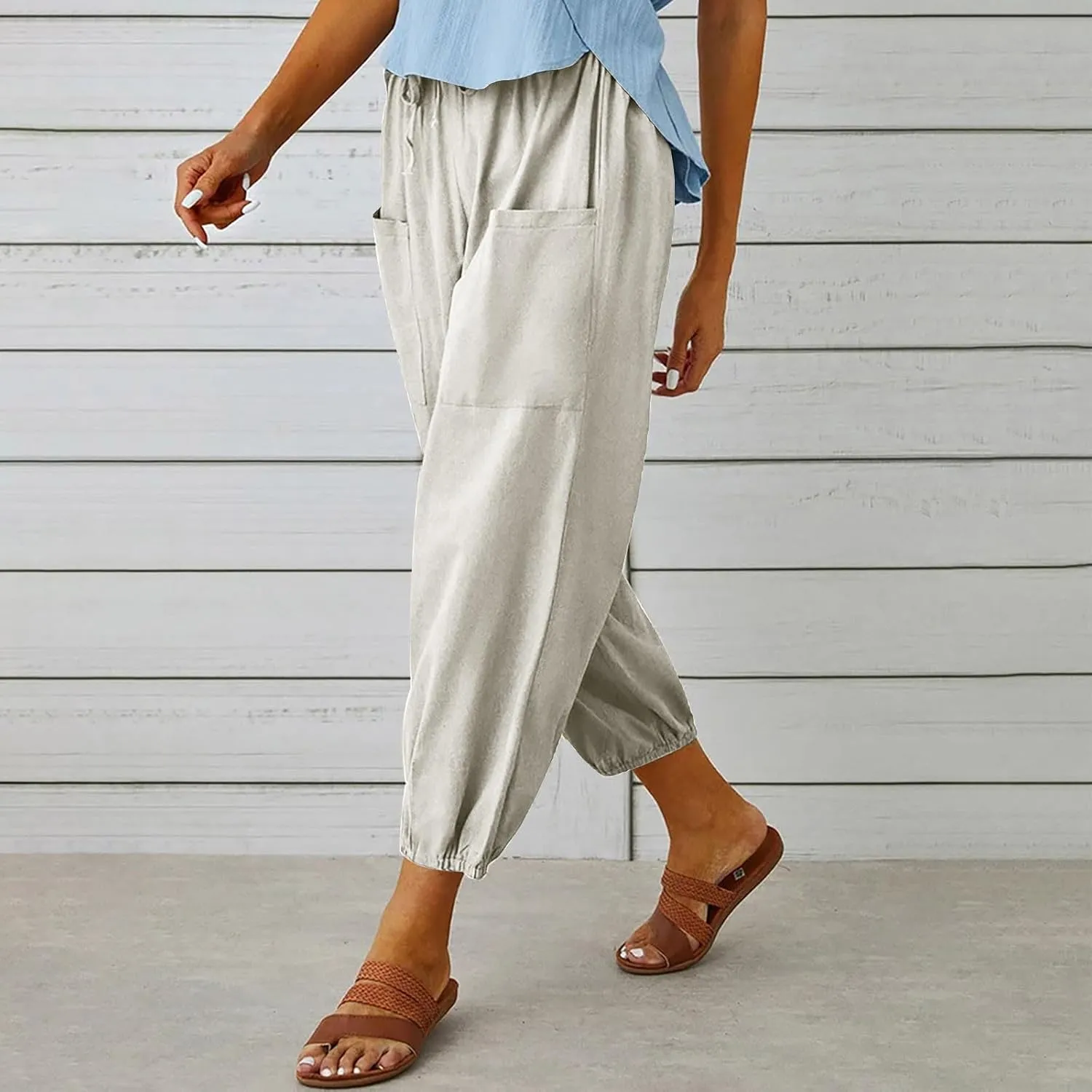 Linen Pants for Women High Waist Drawstring Palazzo Pants Summer Casual Tapered Lounge Trousers Boho Beach Outfits
