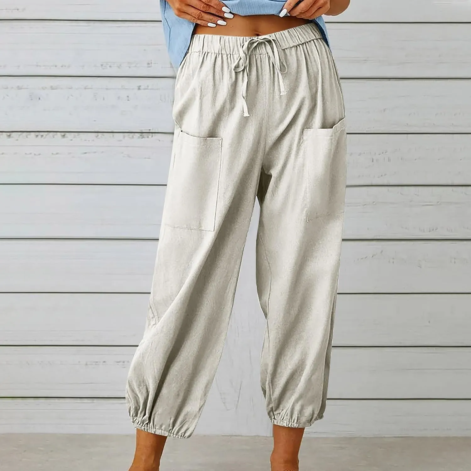Linen Pants for Women High Waist Drawstring Palazzo Pants Summer Casual Tapered Lounge Trousers Boho Beach Outfits