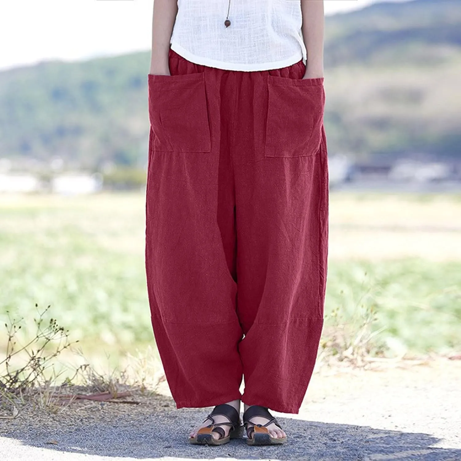 Linen Pants for Women Loose Fit 2025 Spring Outfit Summer Retro Straight Casual Wide Leg Pants Trousers with Pocket
