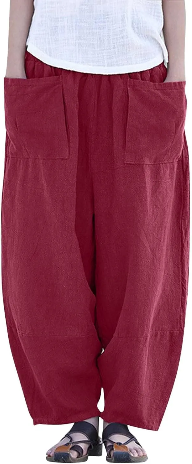 Linen Pants for Women Loose Fit 2025 Spring Outfit Summer Retro Straight Casual Wide Leg Pants Trousers with Pocket