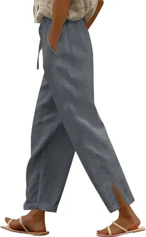 Linen Pants Women Drawstring Elastic High Waisted Bottom Side Split Lounge Pants with Pockets Summer Casual Beach Pants