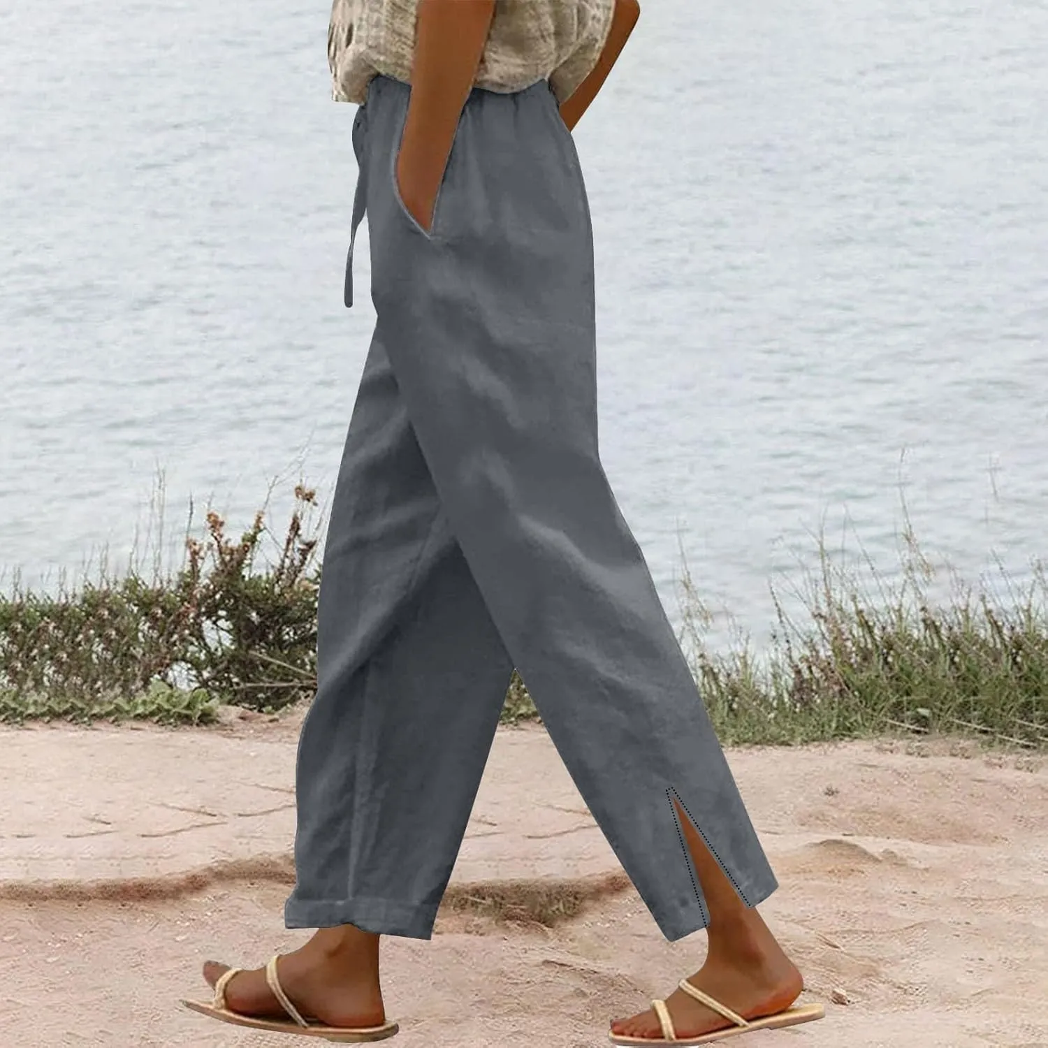 Linen Pants Women Drawstring Elastic High Waisted Bottom Side Split Lounge Pants with Pockets Summer Casual Beach Pants